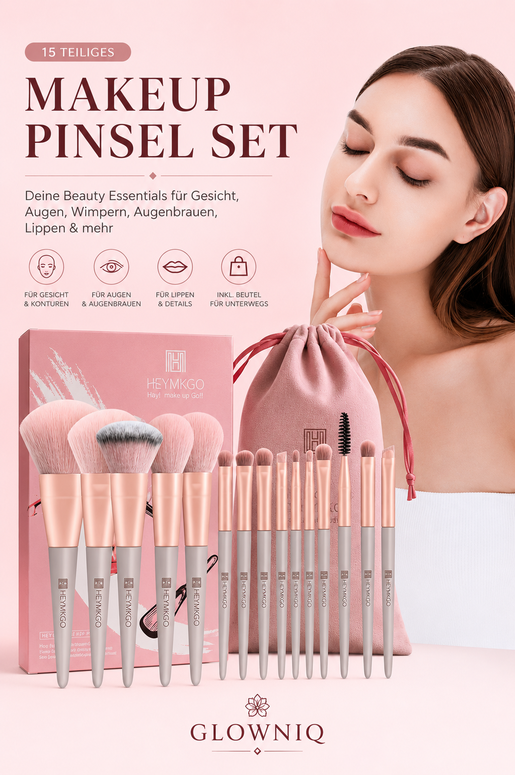 GLOWNIQ VelvetBlend™ Makeup Brush Set – 15-teiliges Luxus-Pinselset