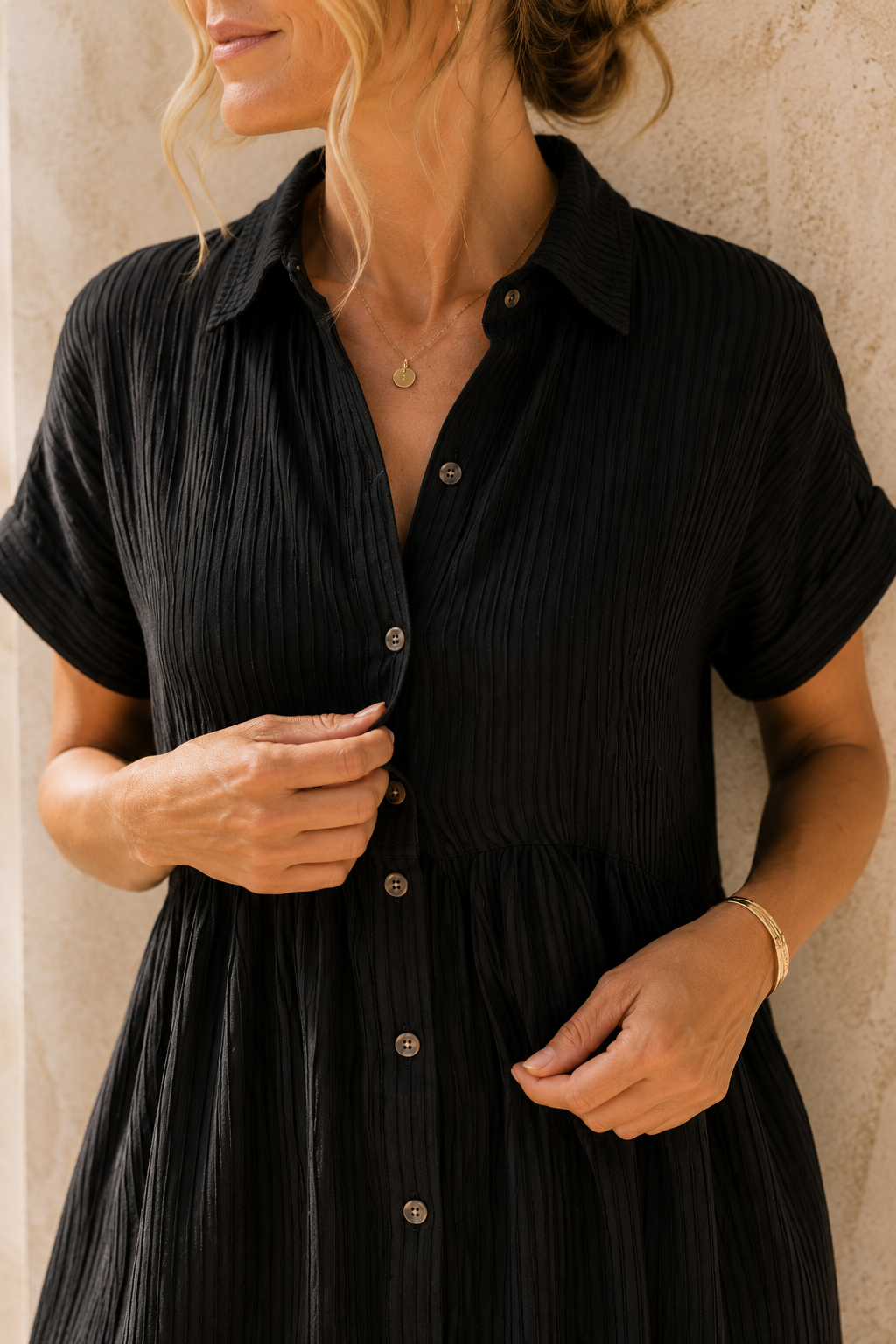 GLOWNIQ Solène Strukturiertes Maxi-Hemdblusenkleid
