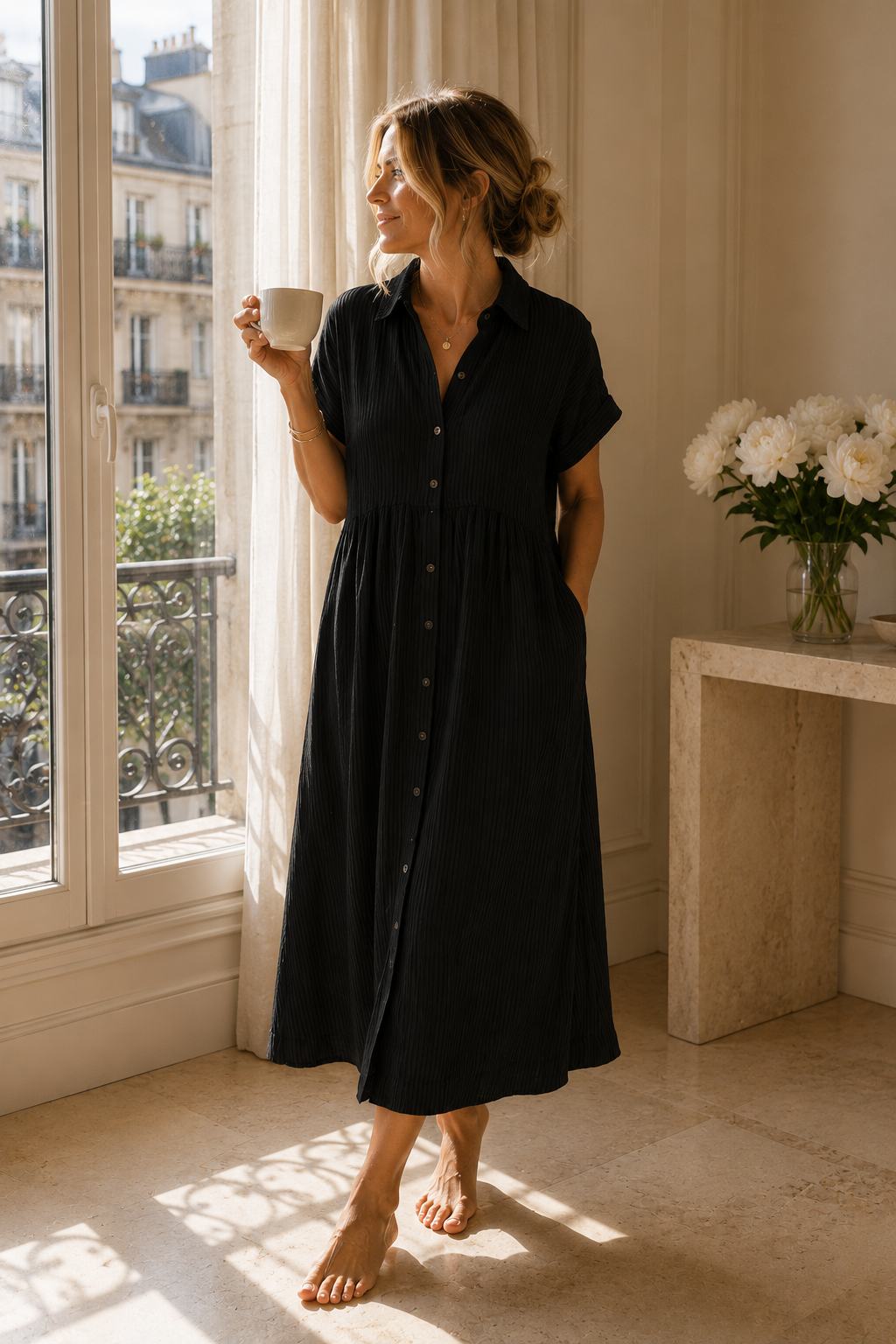 GLOWNIQ Solène Strukturiertes Maxi-Hemdblusenkleid