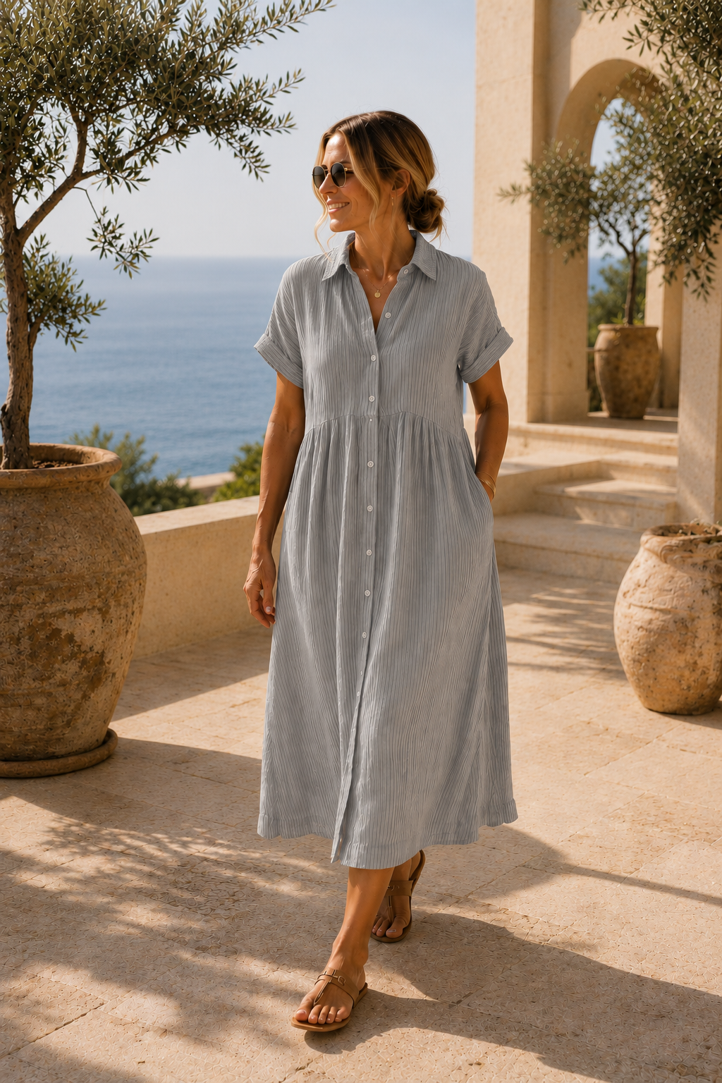 GLOWNIQ Solène Strukturiertes Maxi-Hemdblusenkleid
